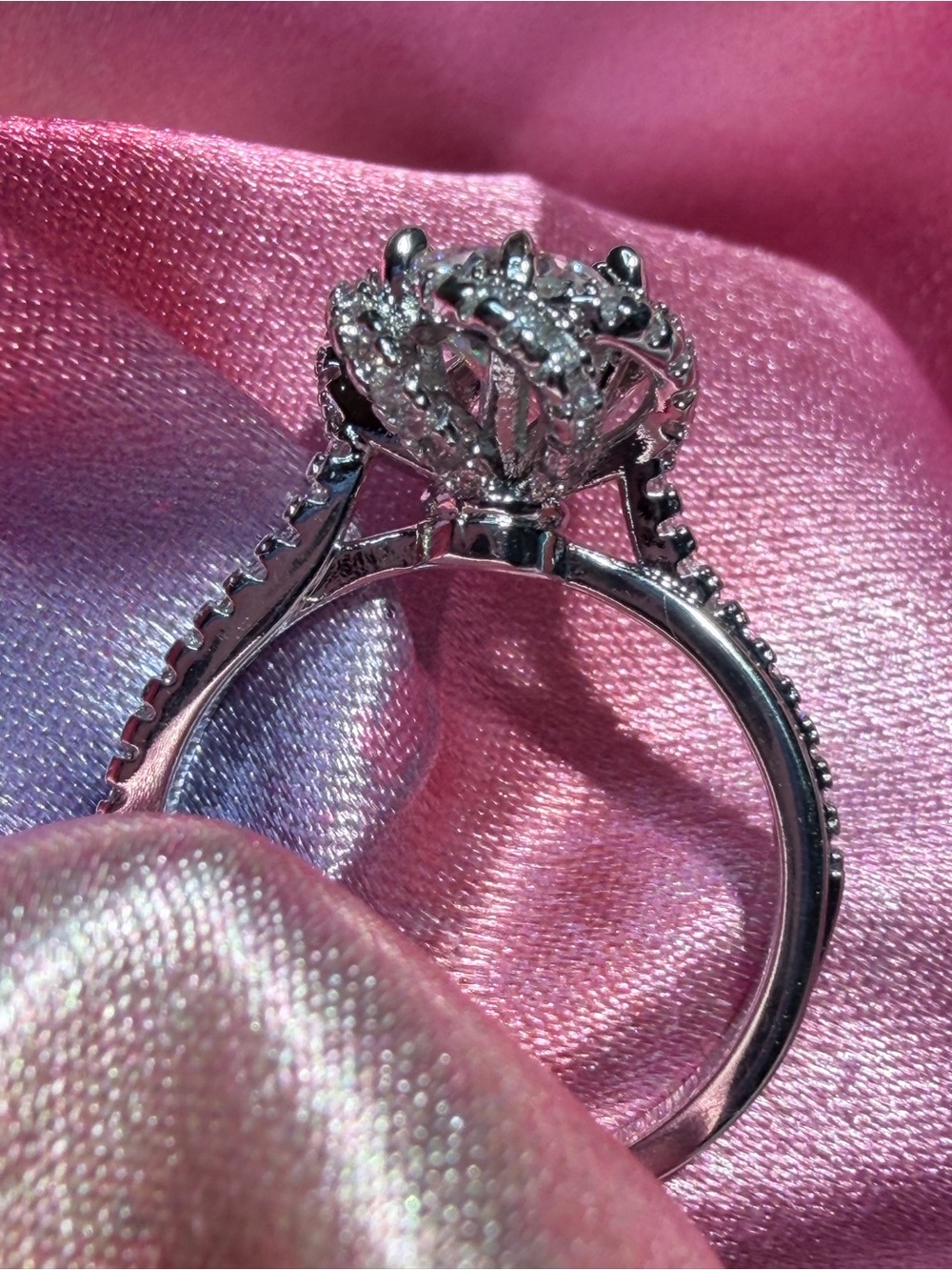 New 1 Carat Moissanite Ring with floral Halo accents and Pave' Band - Picture 4 of 13
